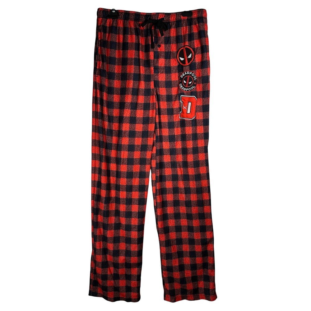 Marvel Deadpool Pajama Pants Mens Large Red Black Buffalo‎ Plaid Fleece Lounge